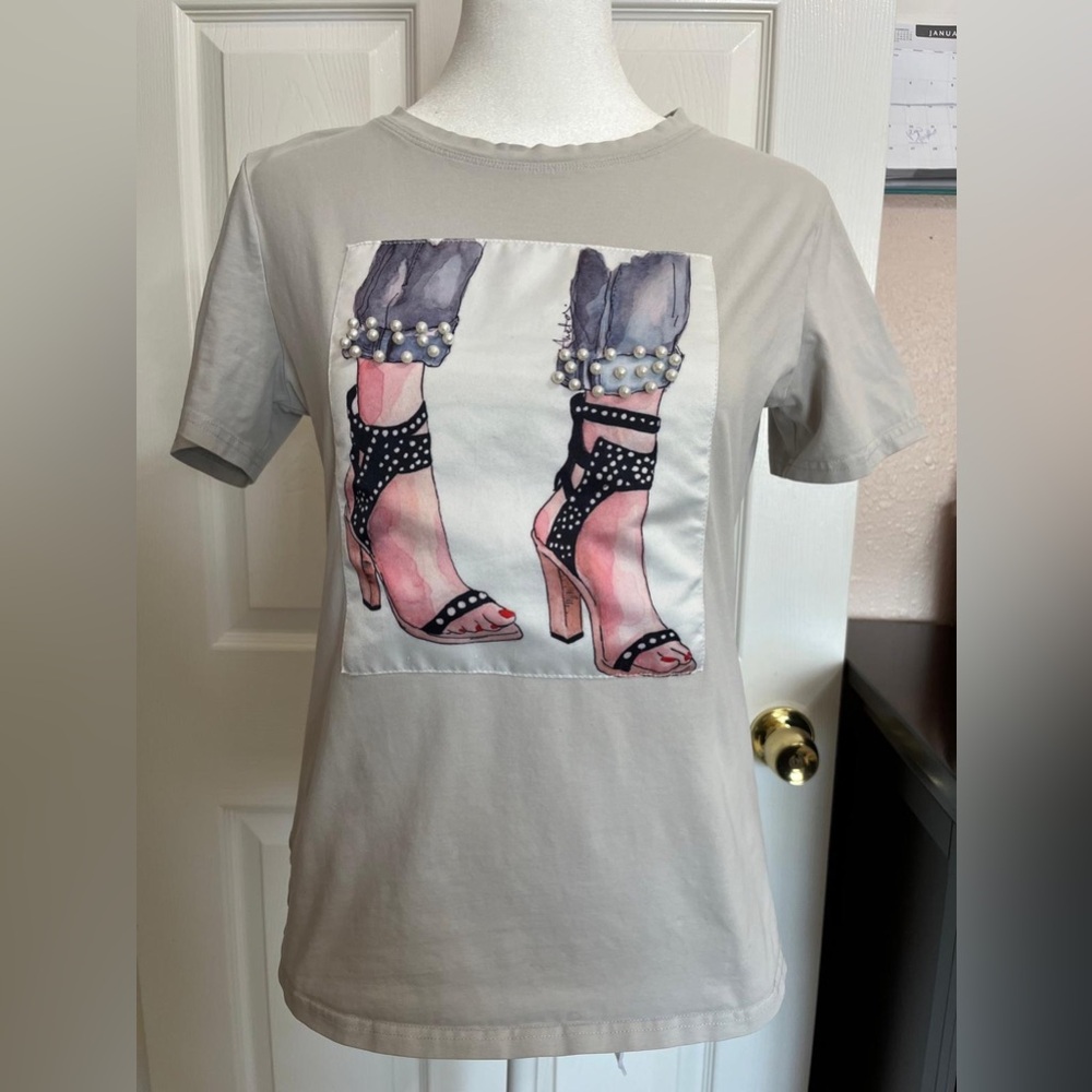 Why dress Grey and black graphic tee with pearl embellishments (i)